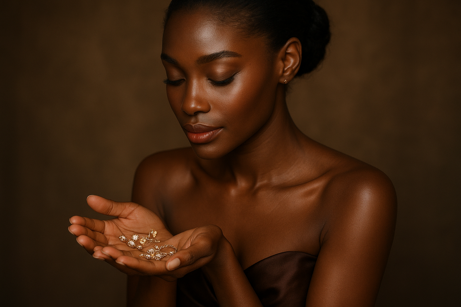 donkere vrouw met sieraden in hand 